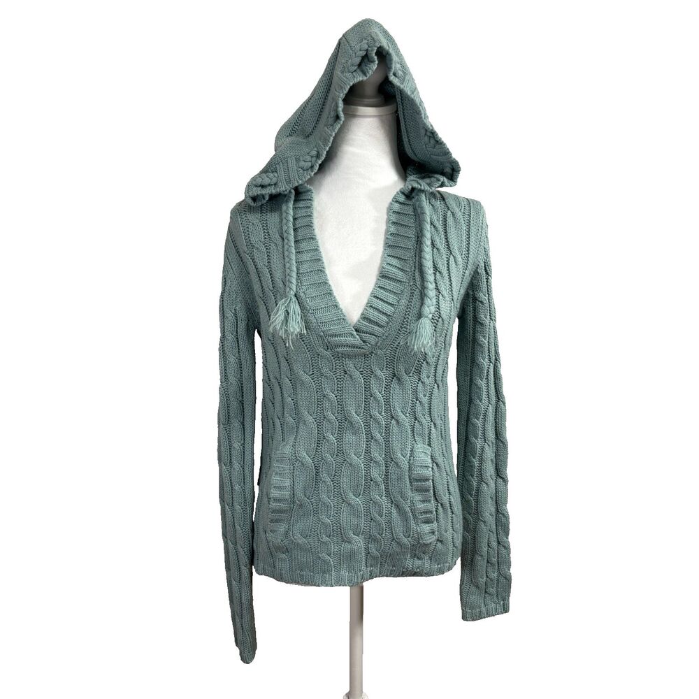 Sweater Project Sweater Seafoam Blue Cable Knit Tassel Hood Boho Pouch Pocket L